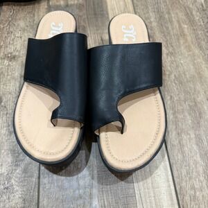 JC Womens Black Faux Leather Toe Loop Platform Slide Sandals Size 8 Chunky Sole